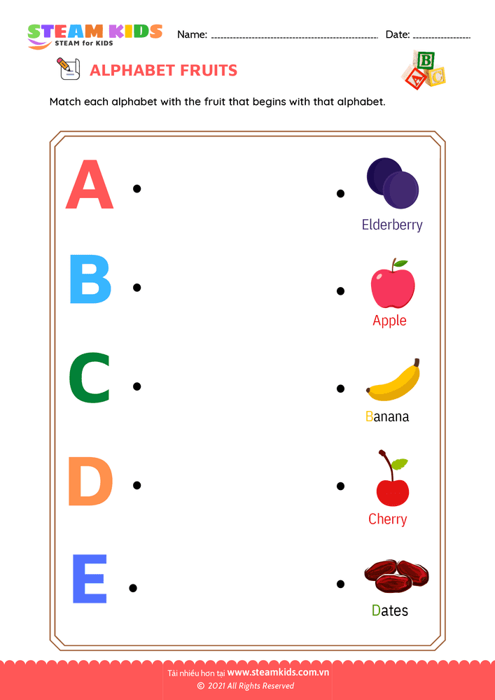 Bài tập tiếng anh - Match Alphabet Fruits a to e