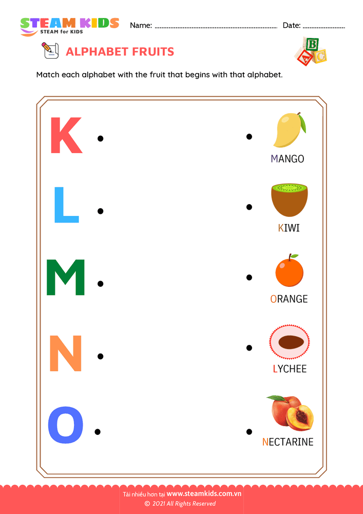 Bài tập tiếng anh - Match Alphabet Fruits a to o