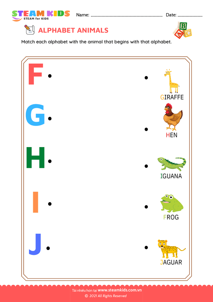 Bài tập tiếng anh - Match Alphabet Animals a to j