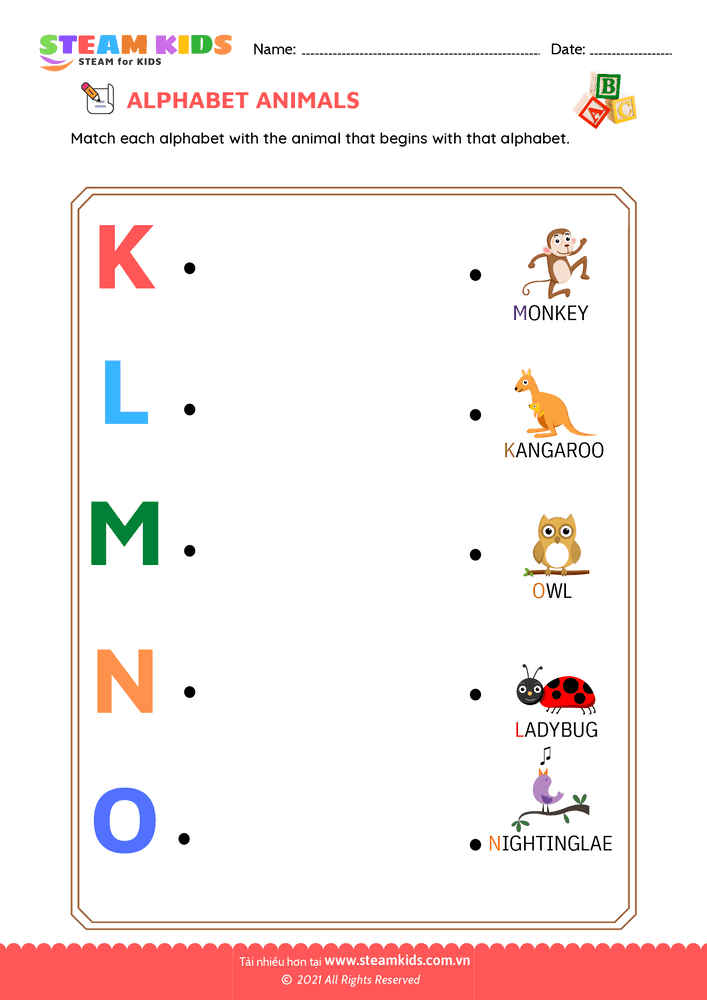 Bài tập tiếng anh - Match Alphabet Animals a to o