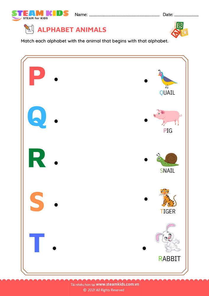 Bài tập tiếng anh - Match Alphabet Animals a to t