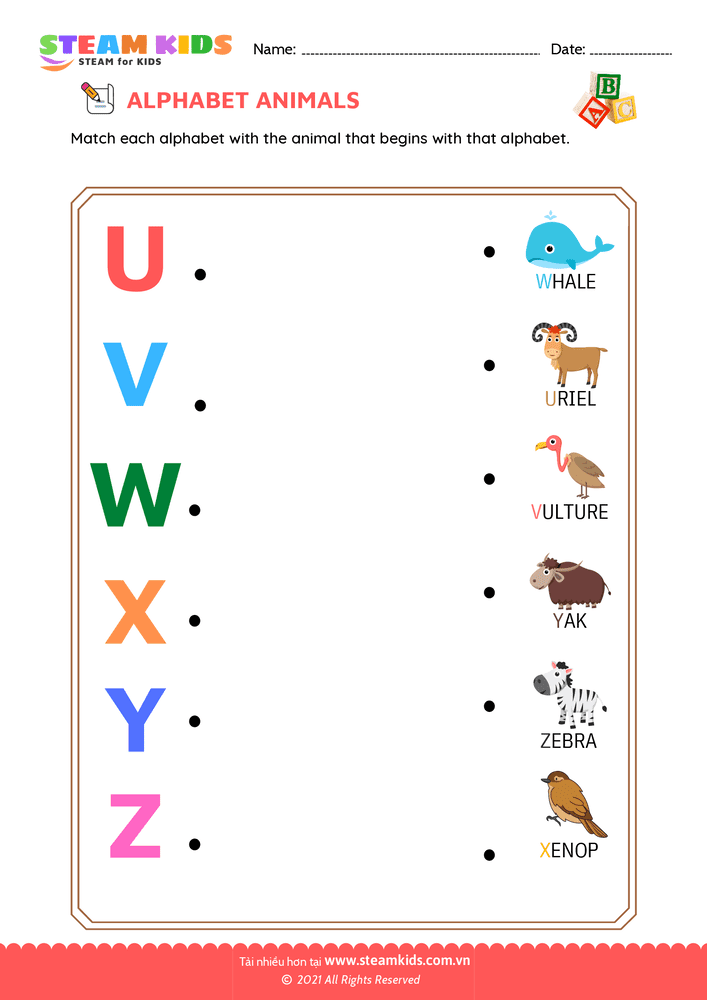 Bài tập tiếng anh - Match Alphabet Animals a to z