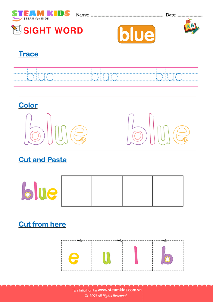 Bài tập tiếng anh - Sight Words ''blue''