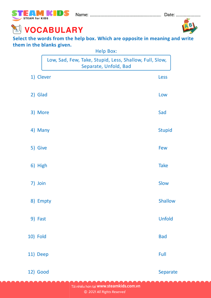 Bài tập tiếng anh - Antonyms - B13