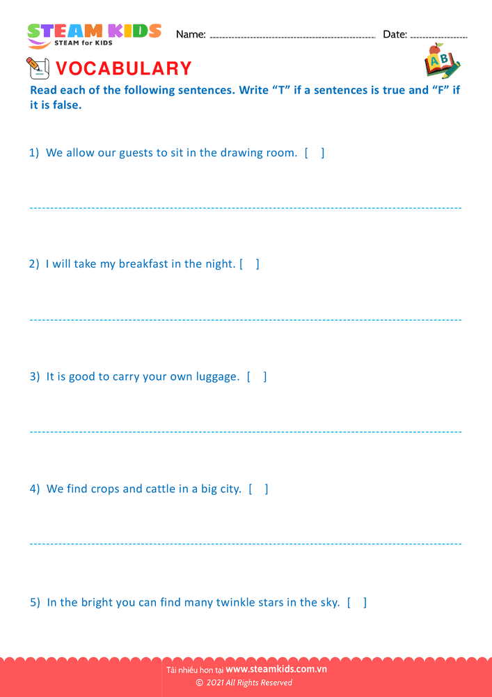 Bài tập tiếng anh - True or False - B3