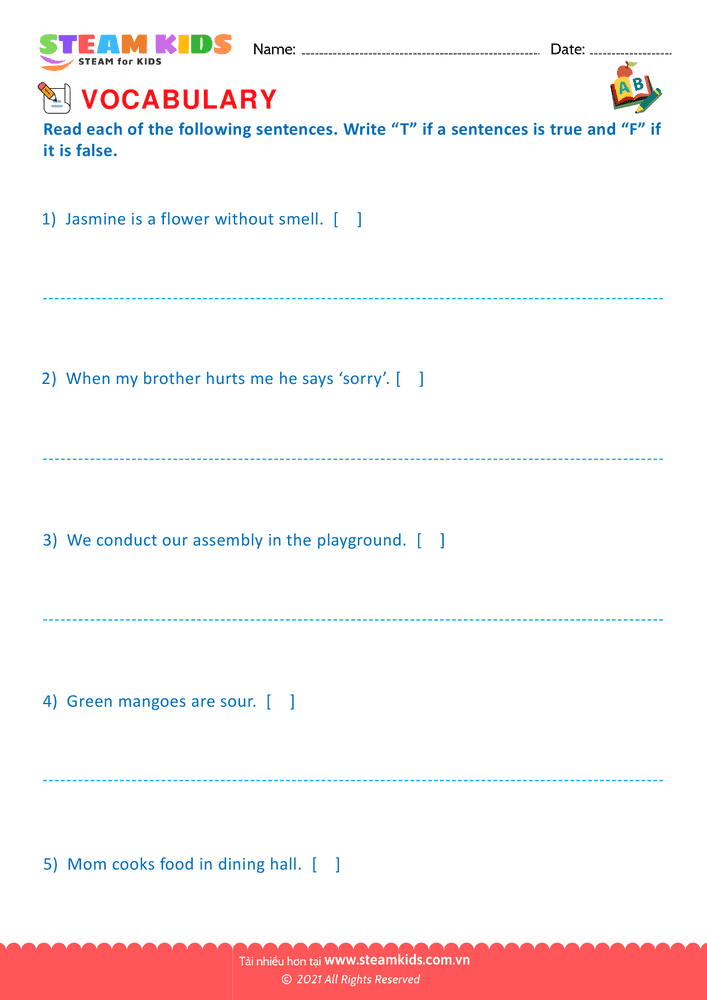 Bài tập tiếng anh - True or False - B4