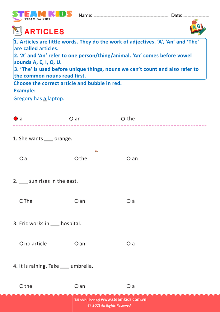 Bài tập tiếng anh - Articles - B4