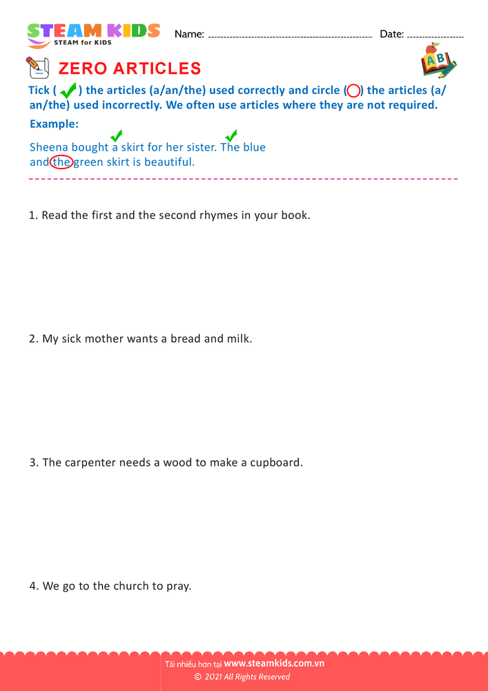 Bài tập tiếng anh - Zero Articles