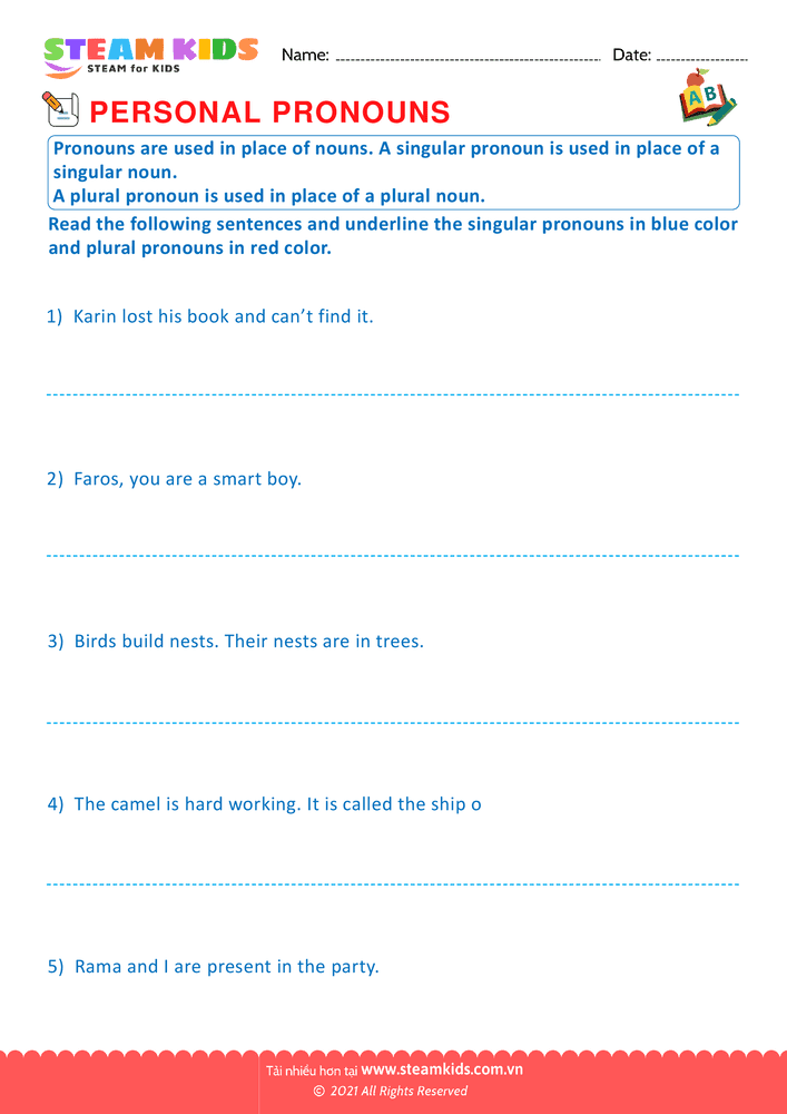Bài tập tiếng anh - Personal pronouns - B5