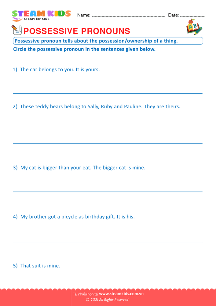 Bài tập tiếng anh - Possessive pronounsc - B3