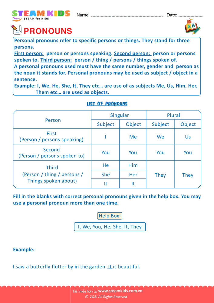 Bài tập tiếng anh - Identify Pronouns - B4