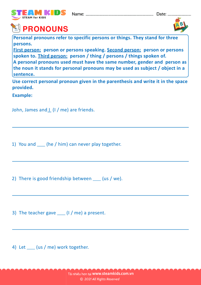Bài tập tiếng anh - Identify Pronouns - B5