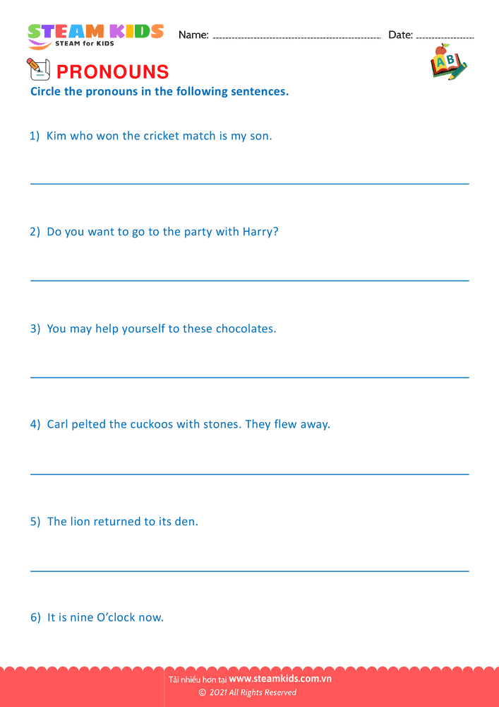 Bài tập tiếng anh - Identify Pronouns - B6