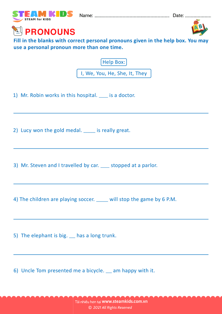 Bài tập tiếng anh - Identify Pronouns - B9