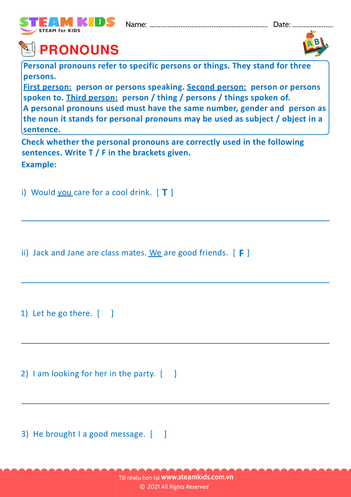 Bài tập tiếng anh - Identify Pronouns - B13