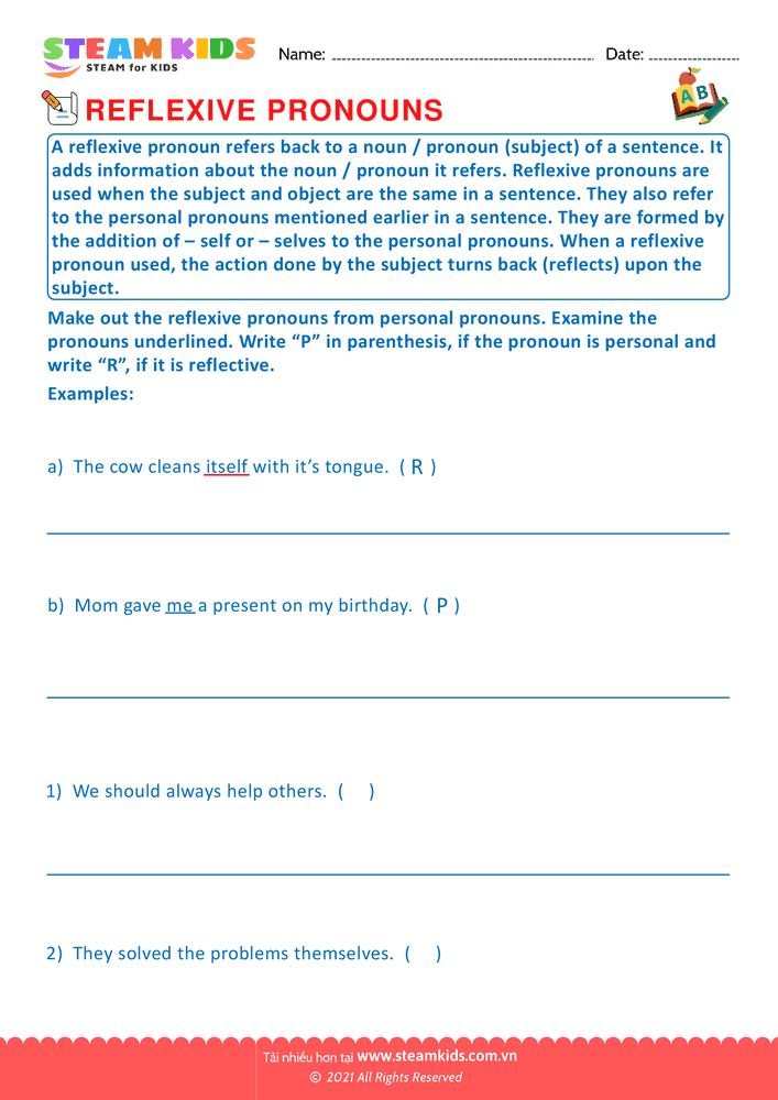 Bài tập tiếng anh - Identify the reflexive pronouns - B6