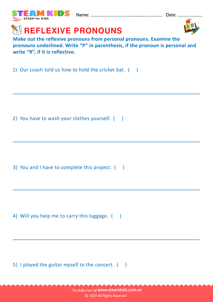 Bài tập tiếng anh - Identify the reflexive pronouns - B7