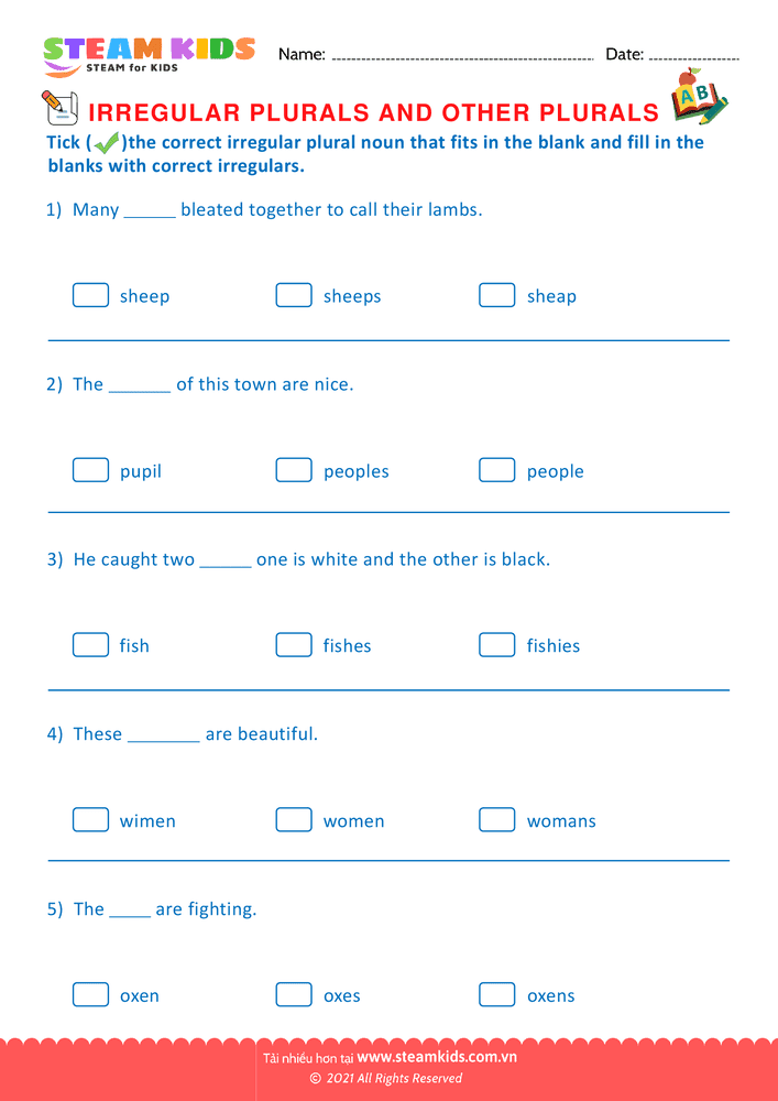 Bài tập tiếng anh - Irregular plurals - B8