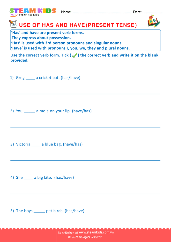 Bài tập tiếng anh - Use of has and have - B2