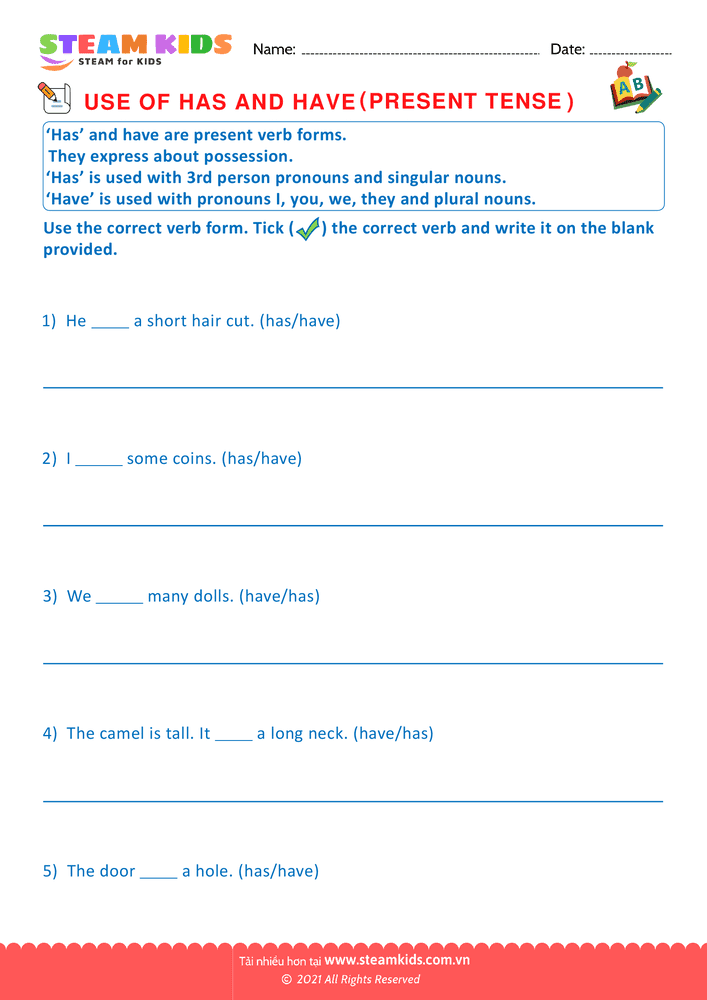 Bài tập tiếng anh - Use of has and have - B3