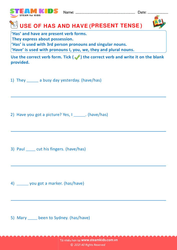 Bài tập tiếng anh - Use of has and have - B4