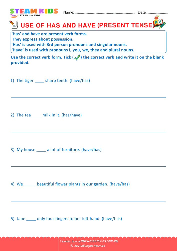 Bài tập tiếng anh - Use of has and have - B5