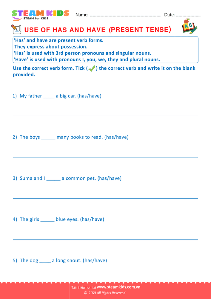Bài tập tiếng anh - Use of has and have - B6