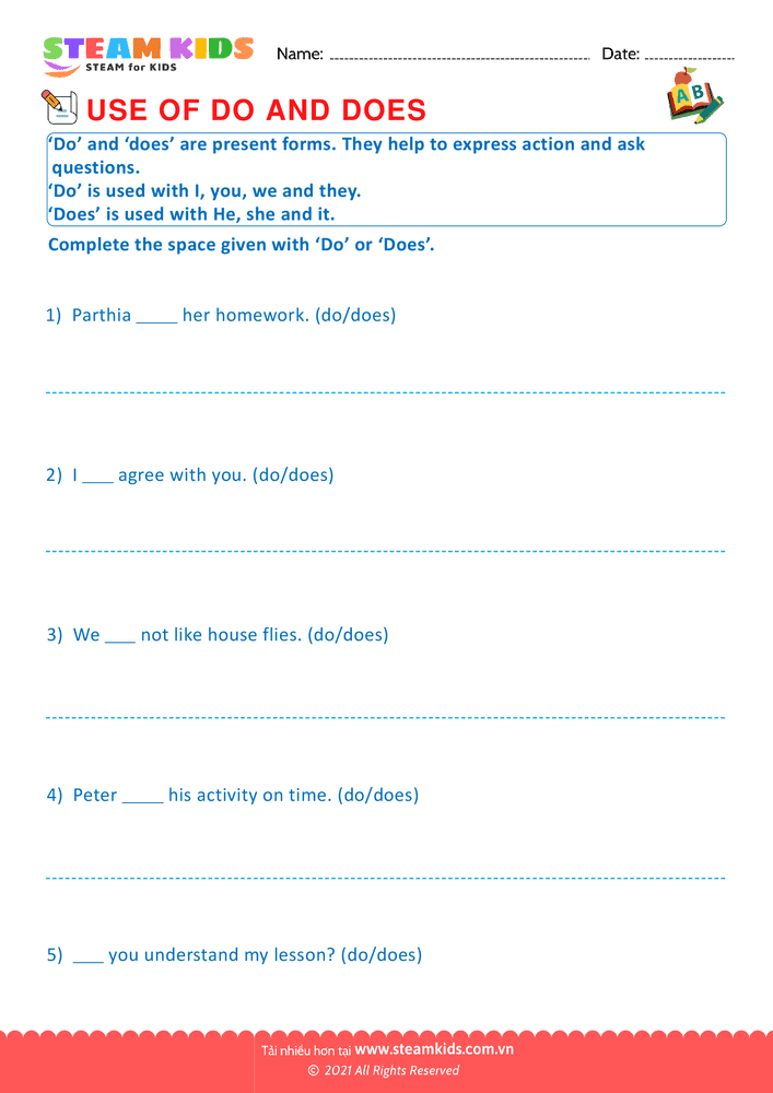 Bài tập tiếng anh - Do, does and did - B2