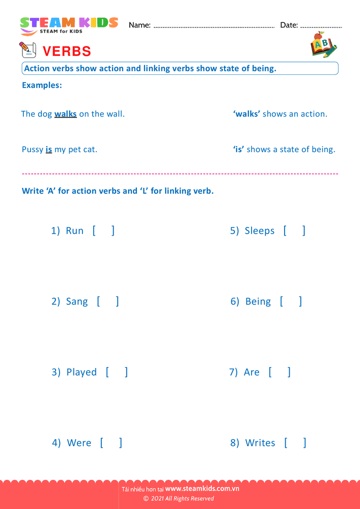Bài tập tiếng anh - Linking and action verbs - B1