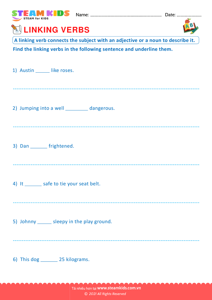 Bài tập tiếng anh - Linking and action verbs - B5