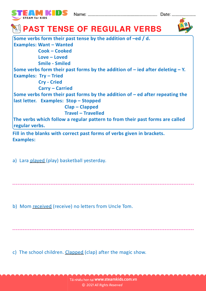 Bài tập tiếng anh - Past tense of regular verbs - B1