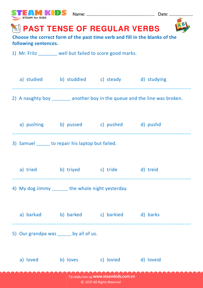 Bài tập tiếng anh - Past tense of regular verbs - B5
