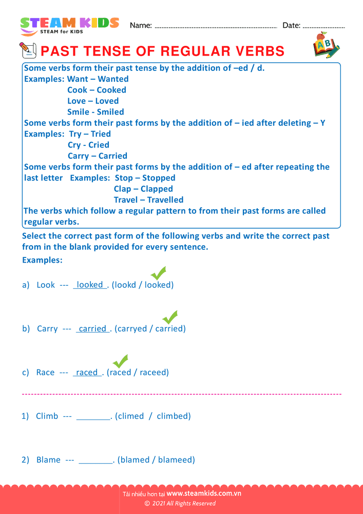 Bài tập tiếng anh - Past tense of regular verbs - B7