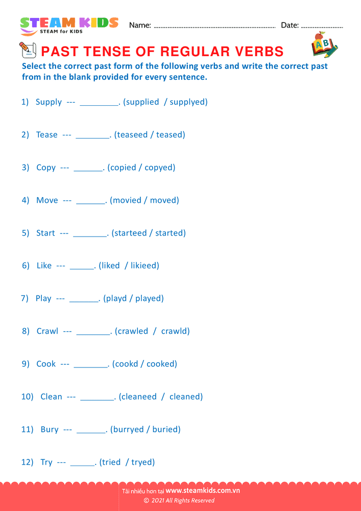 Bài tập tiếng anh - Past tense of regular verbs - B8