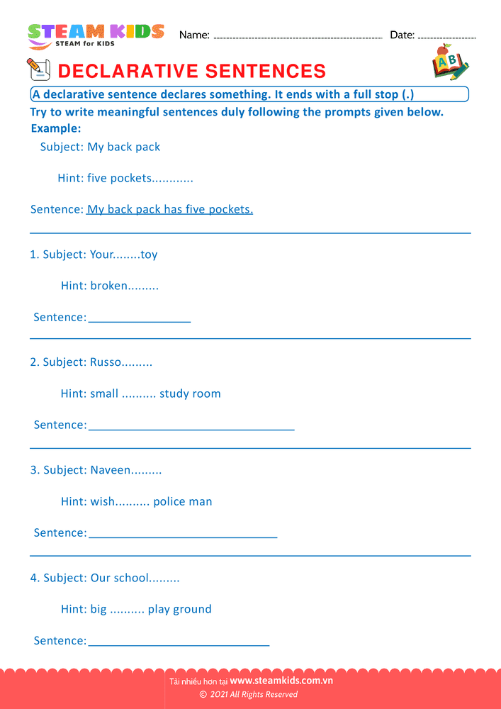 Bài tập tiếng anh - Declarative sentence - B7