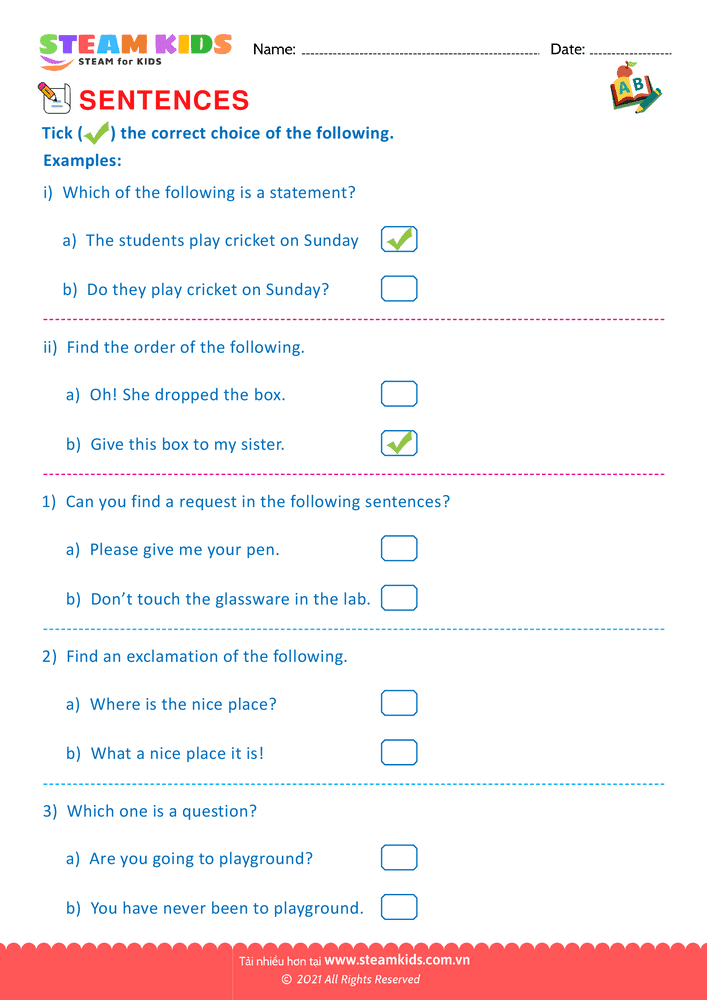 Bài tập tiếng anh - Indentify the sentence type - B9