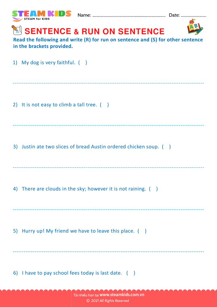 Bài tập tiếng anh - Sentence & Run on sentence - B2