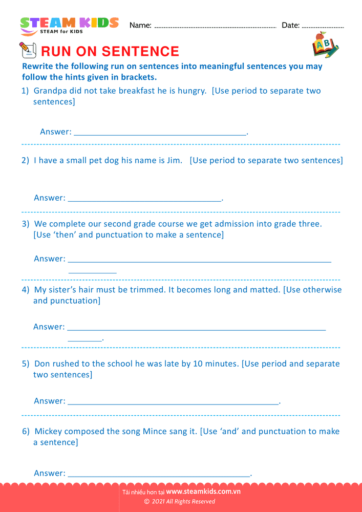 Bài tập tiếng anh - Sentence & Run on sentence - B5