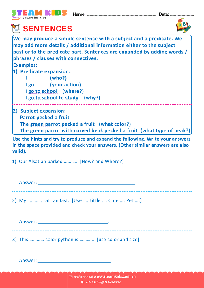 Bài tập tiếng anh - Produce and expand sentences - B1