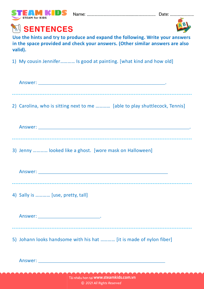 Bài tập tiếng anh - Produce and expand sentences - B3