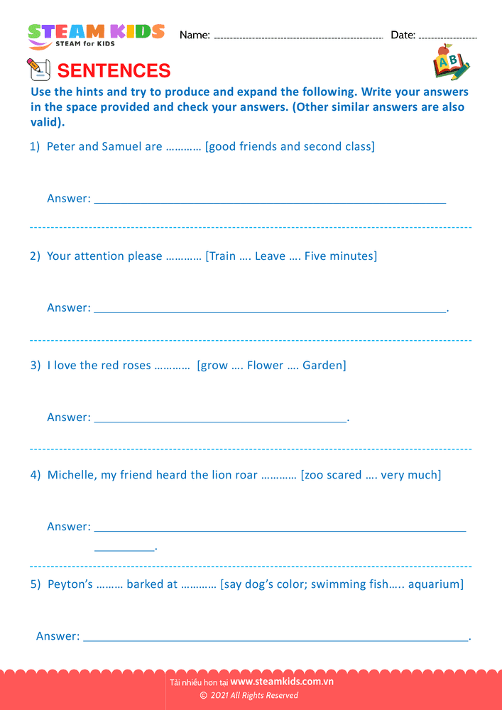 Bài tập tiếng anh - Produce and expand sentences - B4