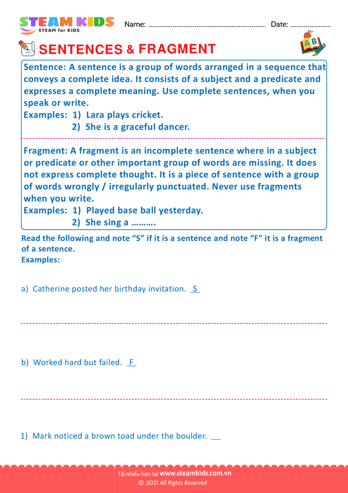 Bài tập tiếng anh - Sentence & fragment - B1