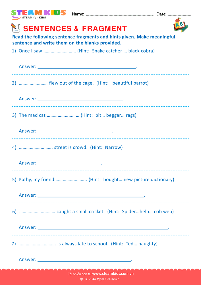 Bài tập tiếng anh - Sentence & fragment - B17