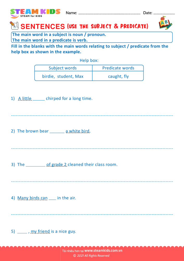Bài tập tiếng anh - Use the subject & predicate - B3