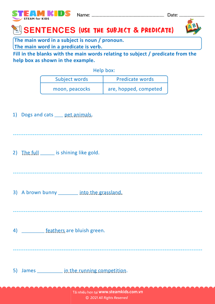 Bài tập tiếng anh - Use the subject & predicate - B4