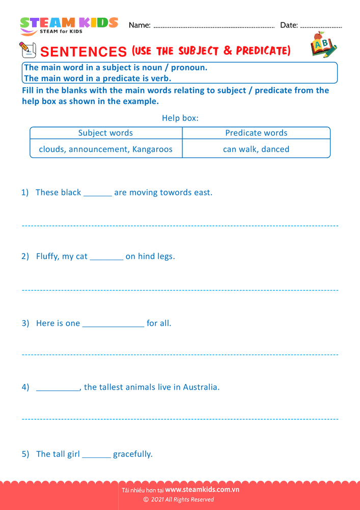 Bài tập tiếng anh - Use the subject & predicate - B15