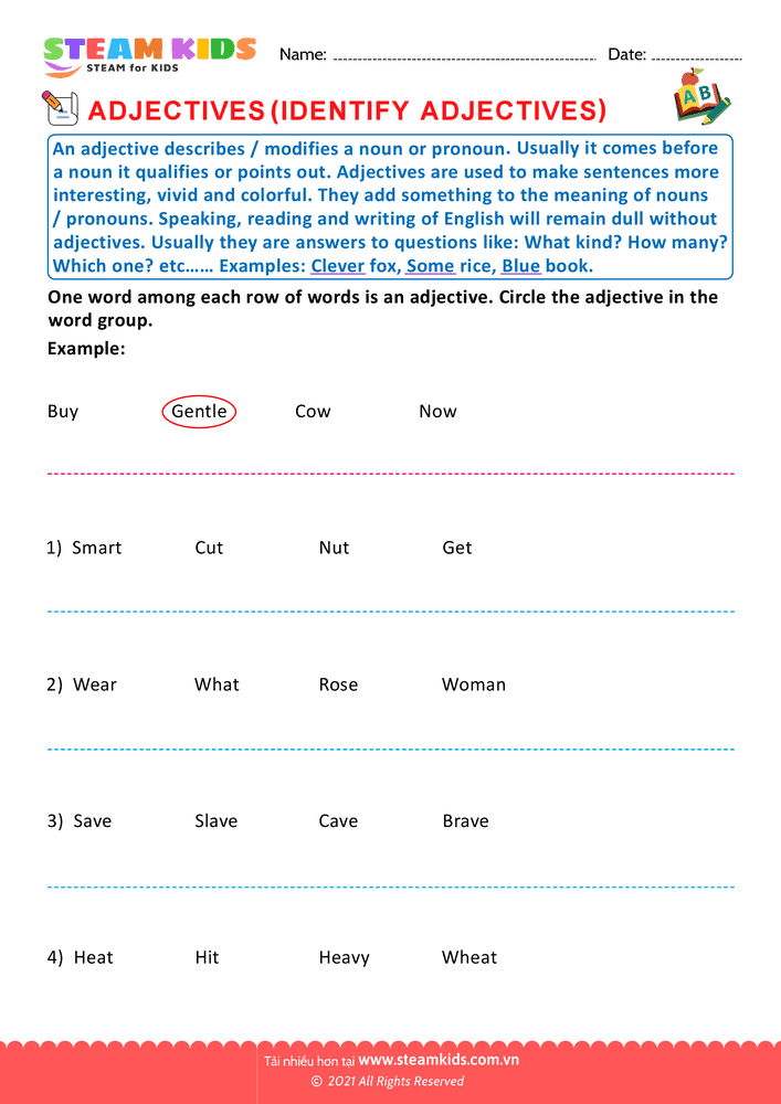 Bài tập tiếng anh - Circle the adjectives - B8