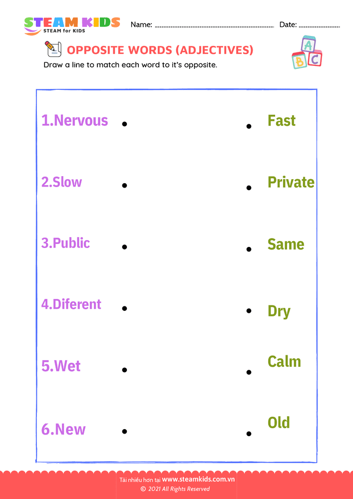 Bài tập tiếng anh - Opposite Adjectives - B6
