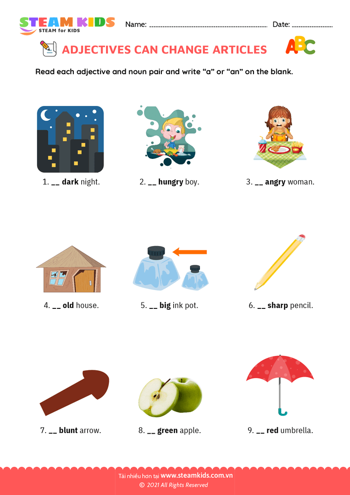 Bài tập tiếng anh - Adjectives change articles - B15