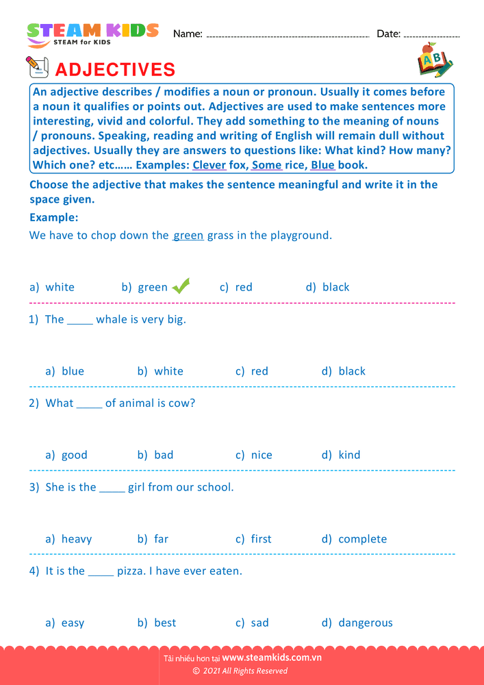 Bài tập tiếng anh - Choose the correct adjective - B5